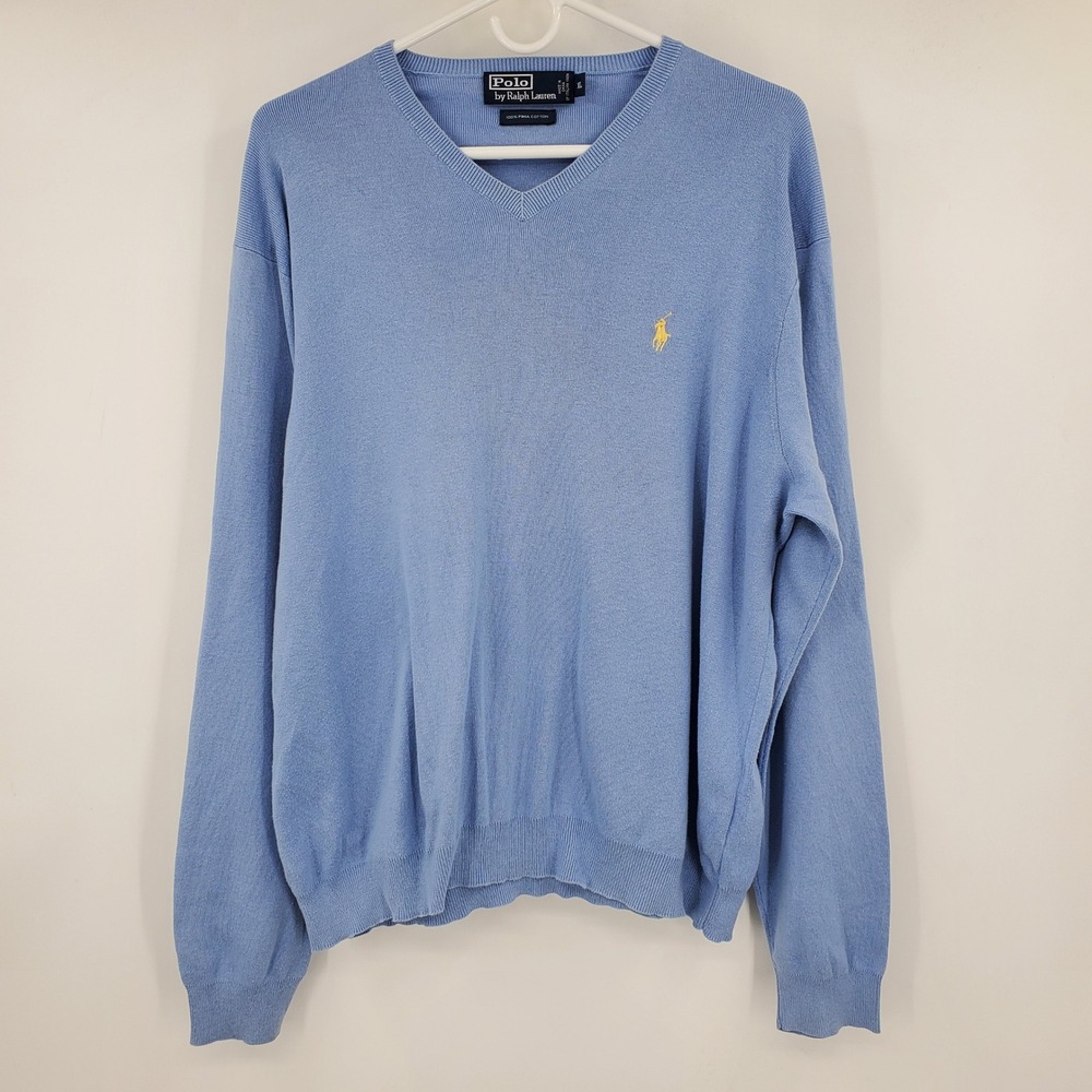 Vintage Polo Ralph Lauren XL Blue‎ V-Neck Sweater Pima Cotton Embroidered Pony